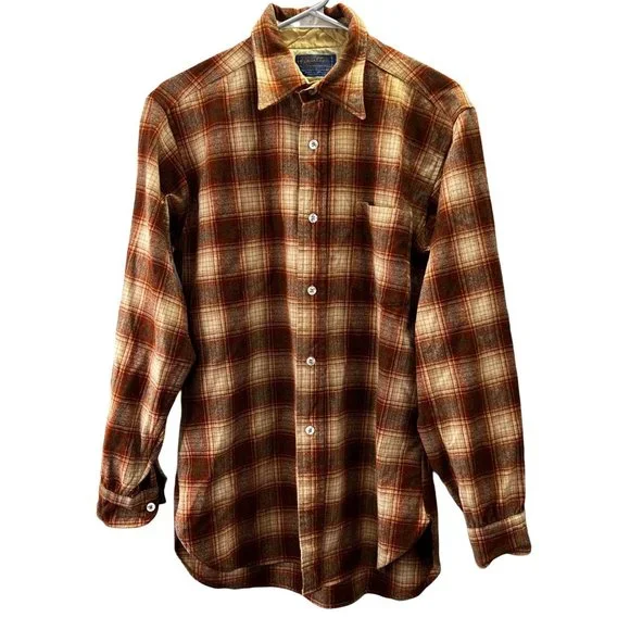 Vintage Pendleton Wool Shirt 1960s 70s Button Front Plaid size M